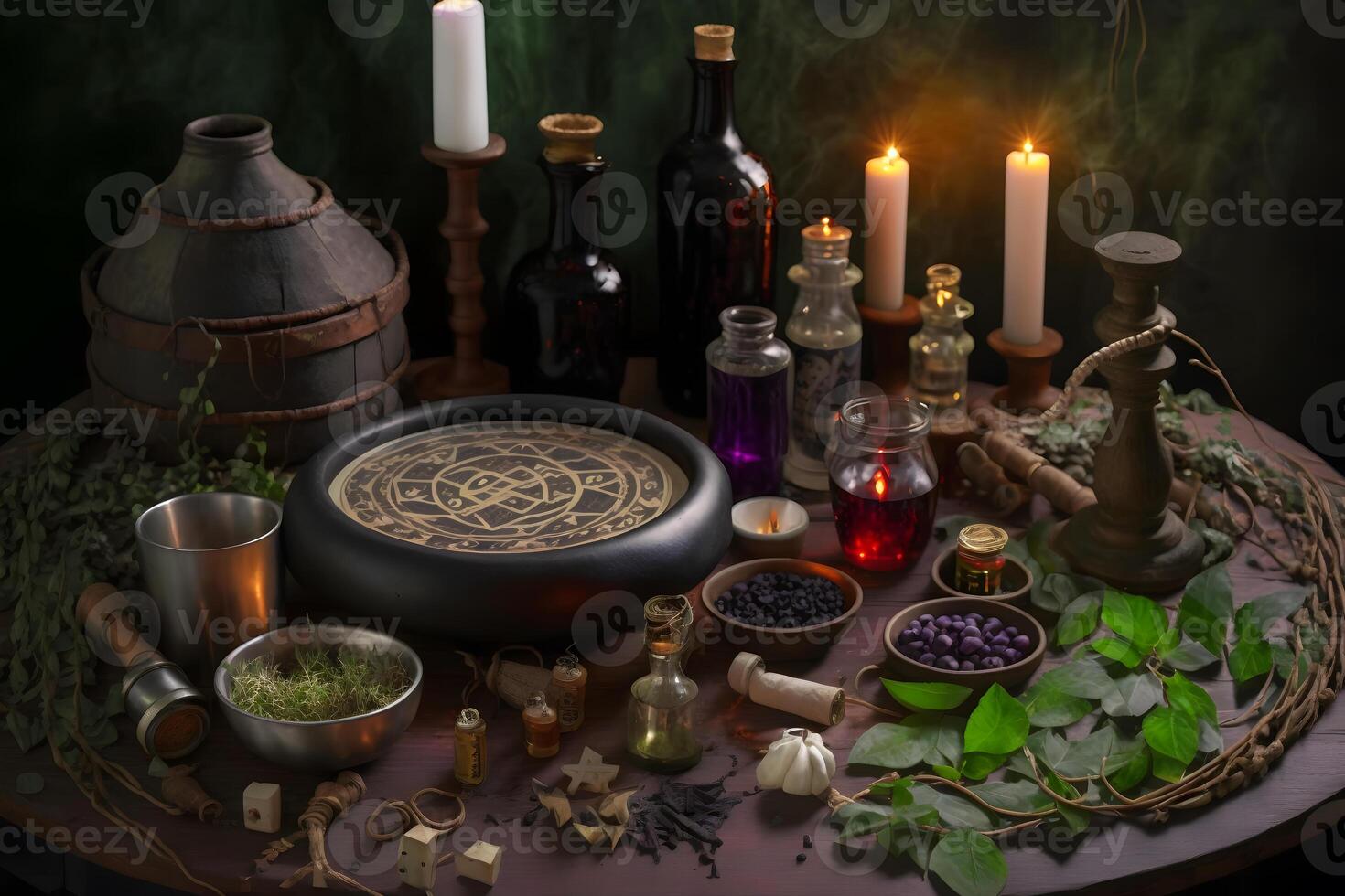 Witchcraft magical still life with alchemical bottles. Neural network photo