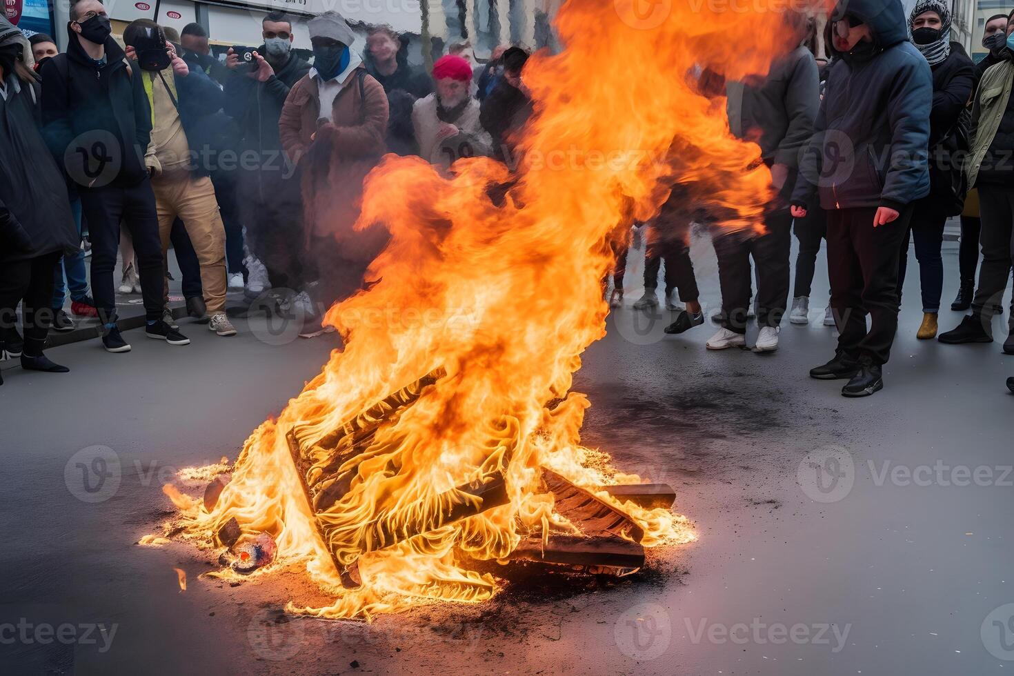 Protest in the city and fire, strike. Neural network photo