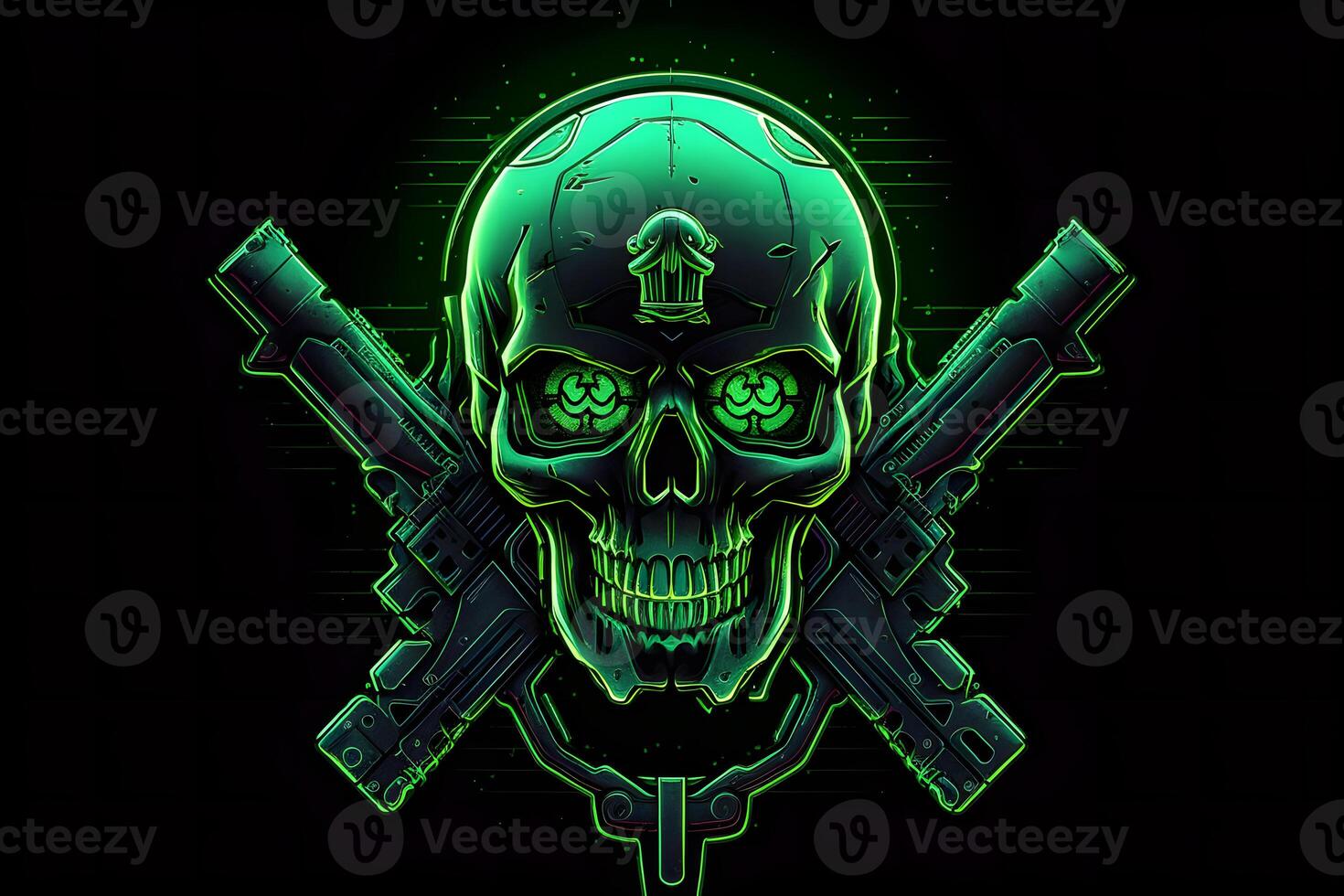 Green punk cyber human skull with weapon. Neural network photo