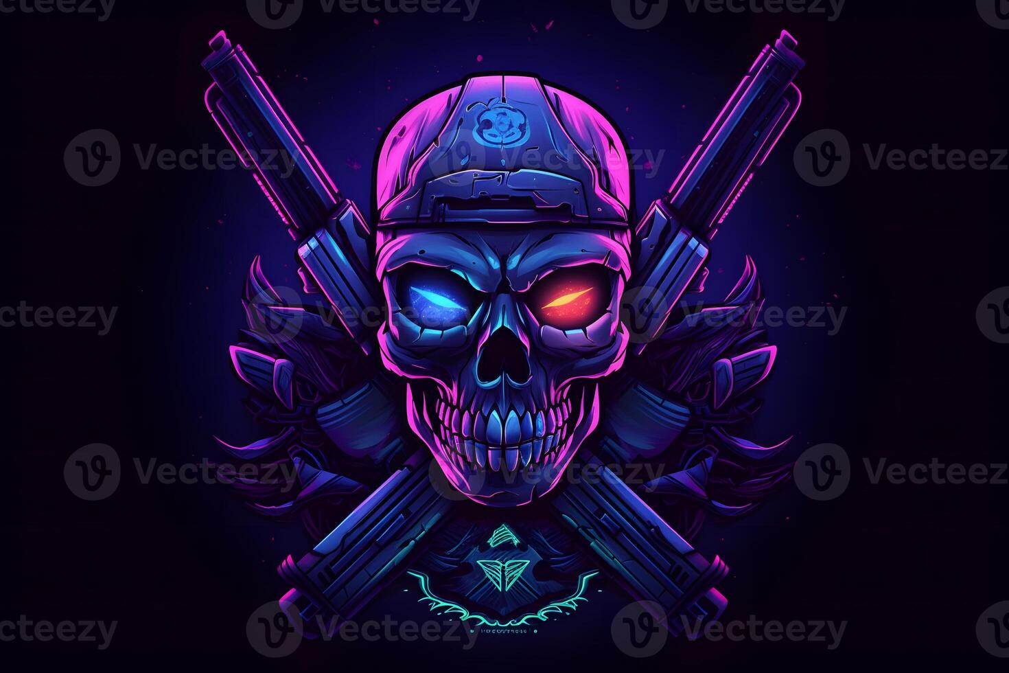 Purple punk cyber human skull with weapon. Neural network photo