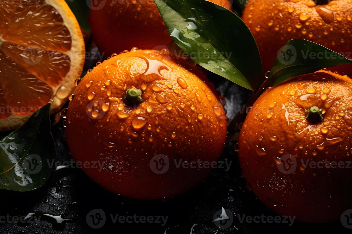fresh orange fruits with leaves as background, top view. Neural network photo
