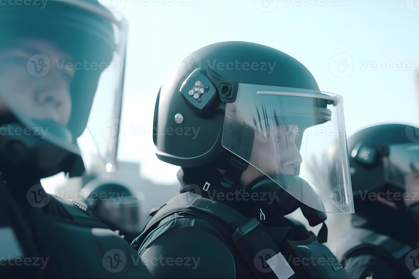 Low angle of anonymous police soldiers in protective uniforms and helmets standing against squad van and defending by riot shields. Neural network photo