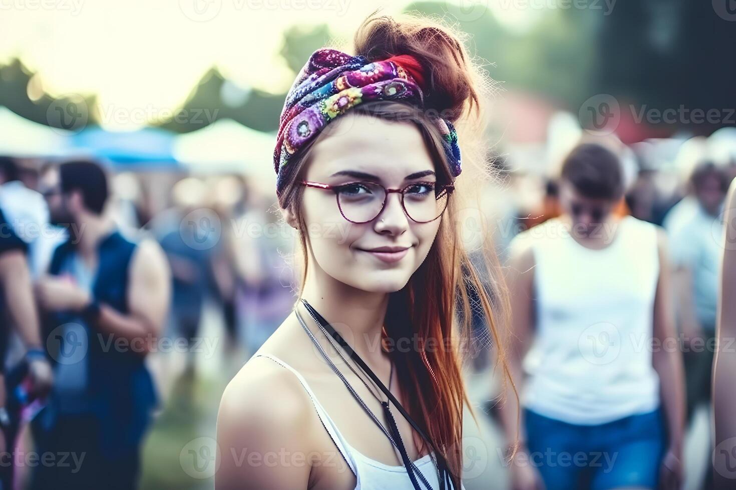 Close up portrait of young woman in turban. Neural network photo