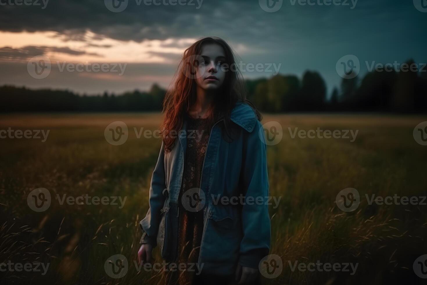 retrato de un hermosa niña en el noche en el campo. neural red ai generado foto