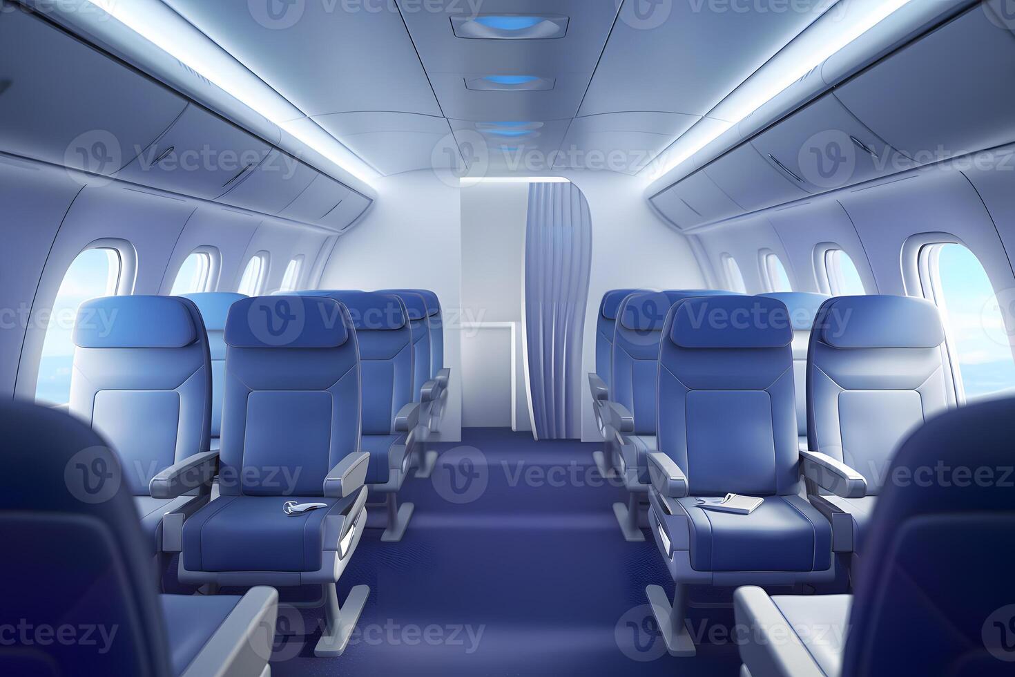 Inside empty passenger aircraft cabin. Neural network photo