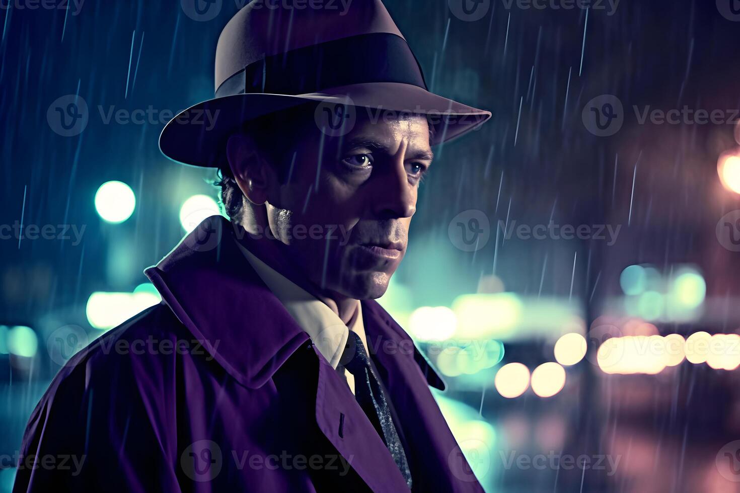 Detective in the rain in the night city. Neural network photo