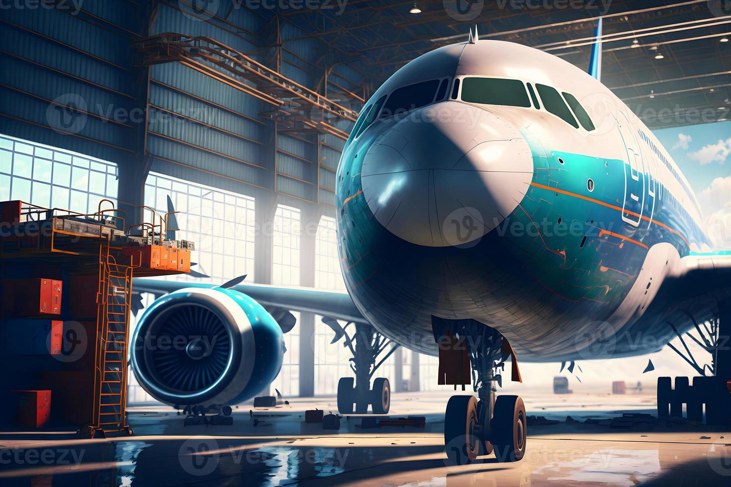 Big passenger aircraft on maintenace in airport hangar. Neural network generated art photo