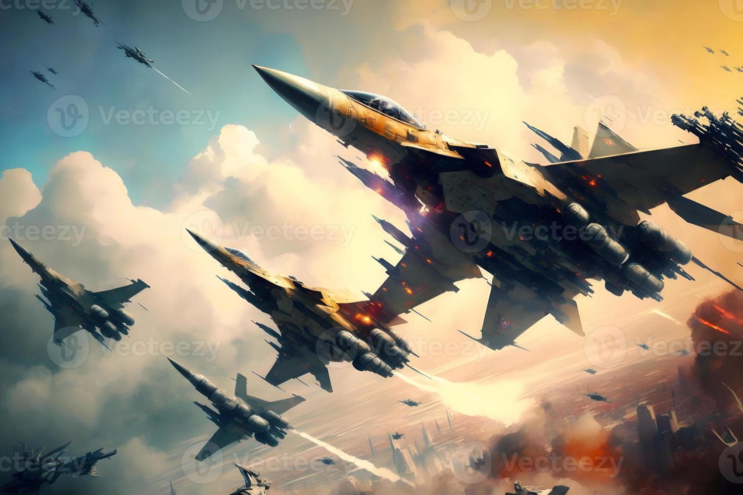 Formation of destroyer jets float in sky during aviation battle. Neural network generated art photo