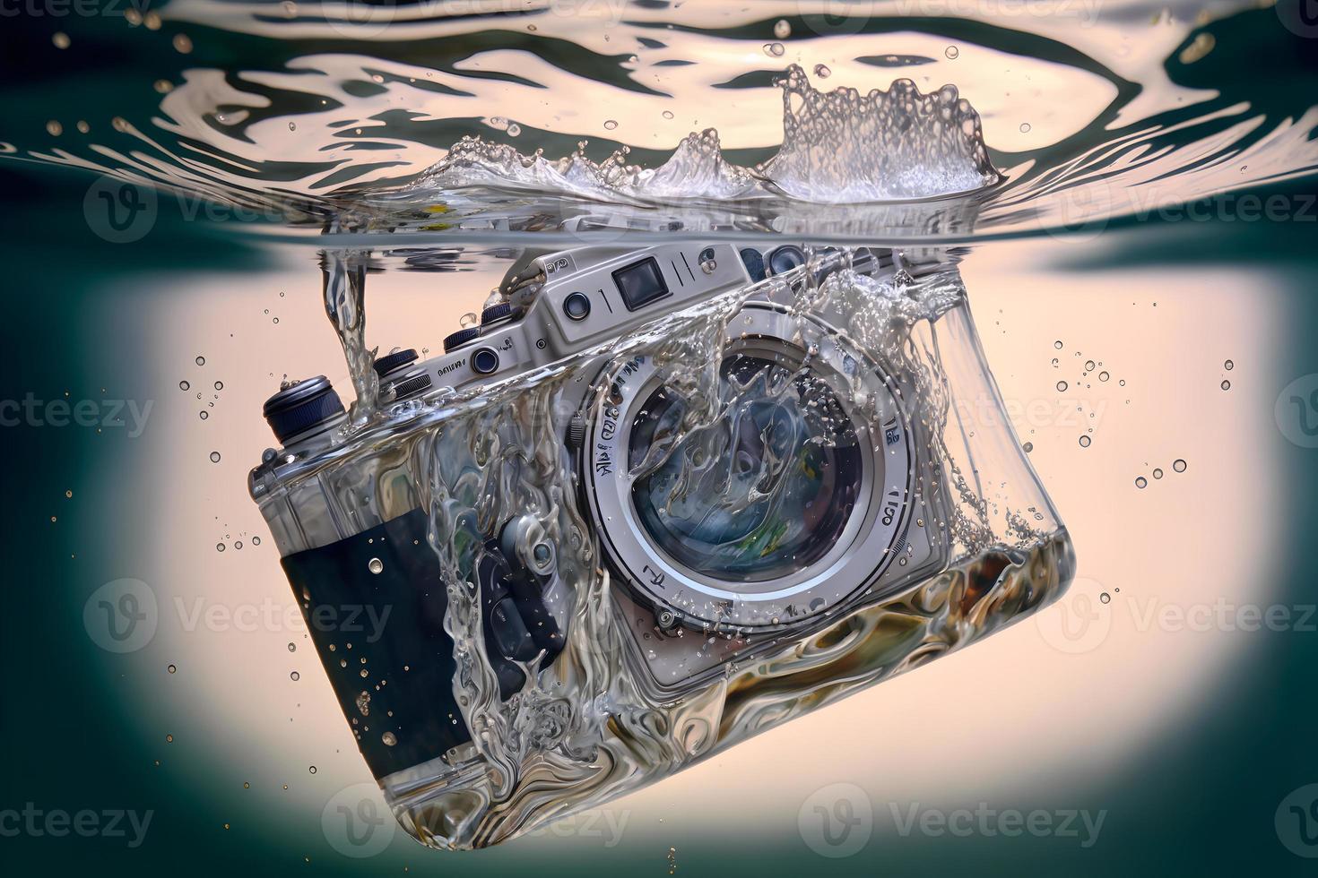 Modern SLR photocamera falling under water with water splashes. Neural network generated art photo
