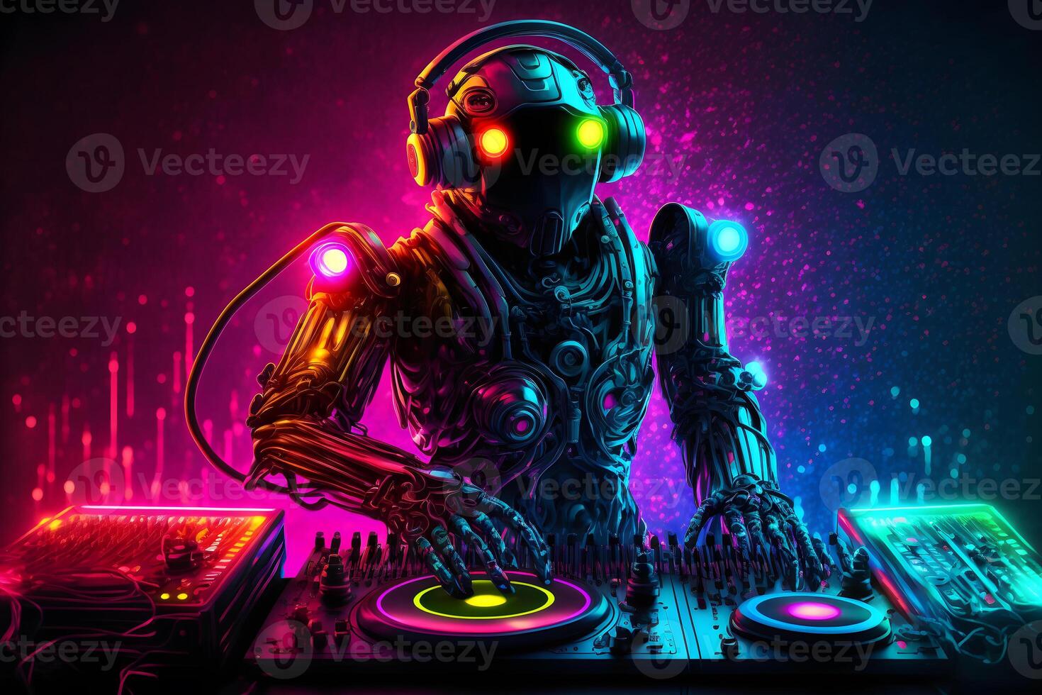 Robot disc jockey at the dj mixer and turntable plays nightclub during party. EDM entertainment party concept. Neural network generated art photo