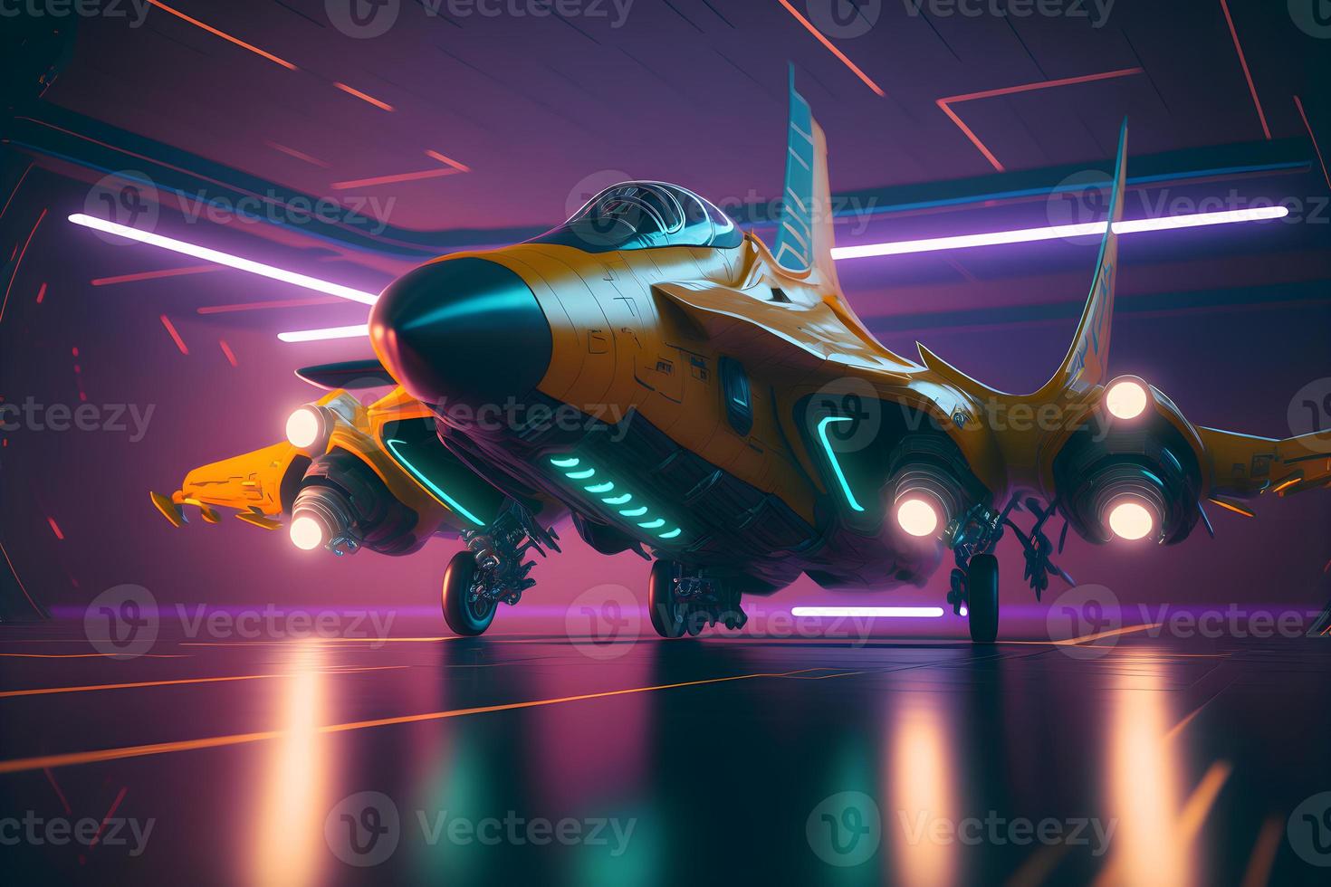 Modern futuristic destroyer jet in neon glowing light. Neural network generated art photo