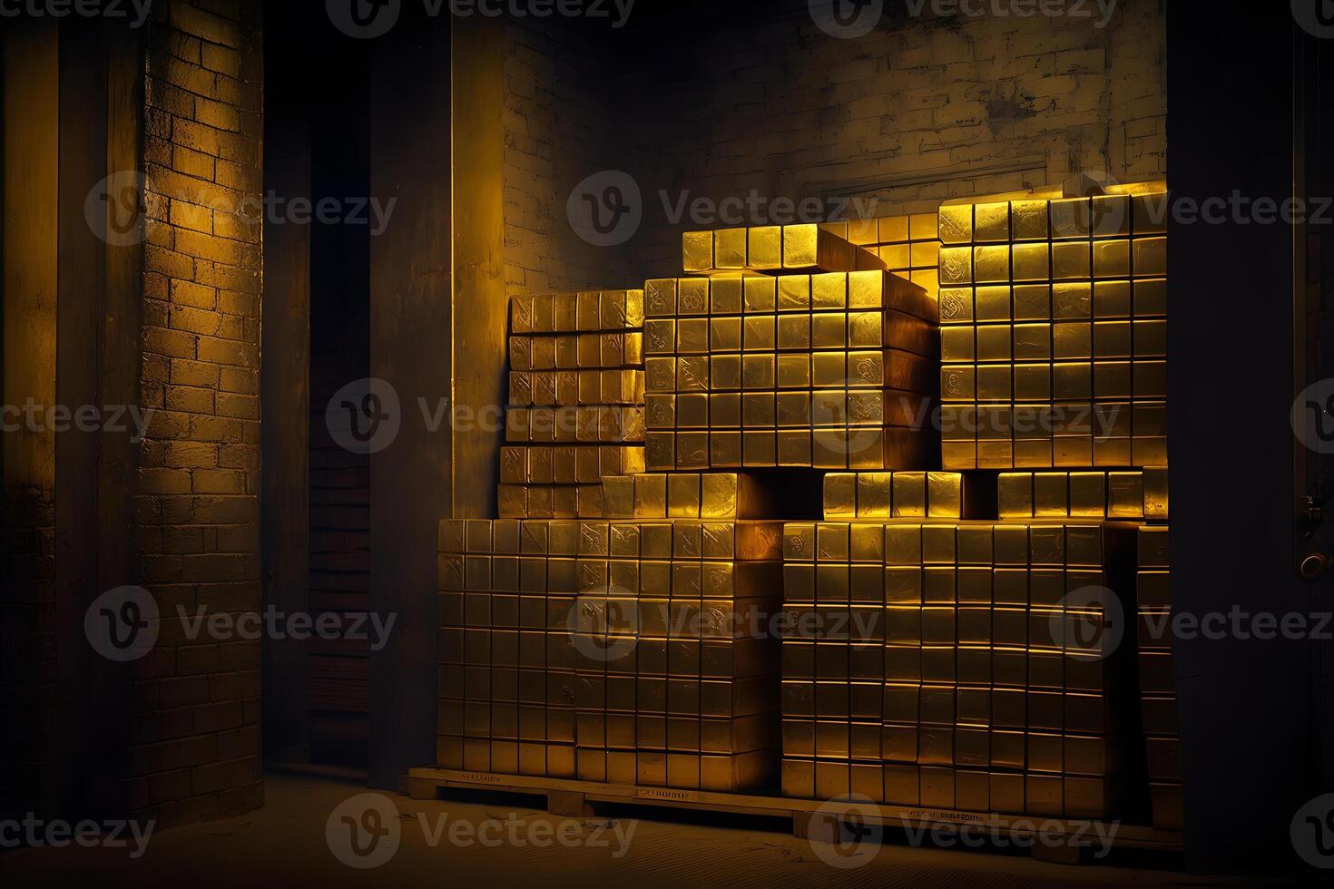 Stacks of gold bullion and safe deposit boxes in bank depository room. Neural network generated art photo