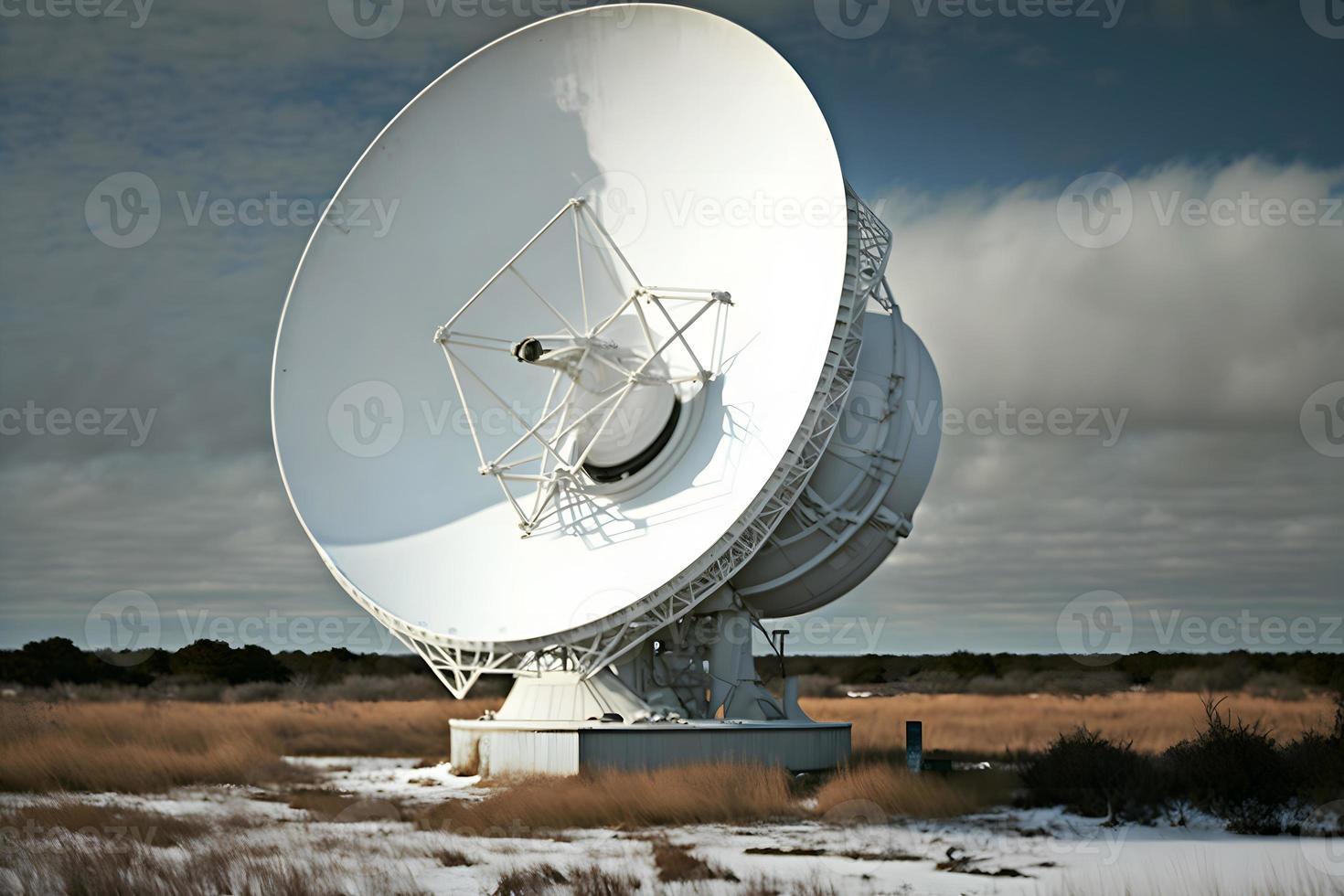 Group of radio telescope satellite dishes. VLA Very Large Array in sandy area. Neural network generated art photo