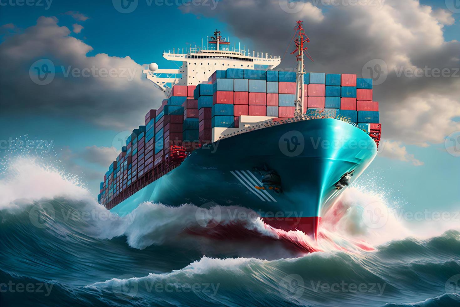 Front view from bow of a large blue shipping container ship in the ocean. Neural network generated art photo