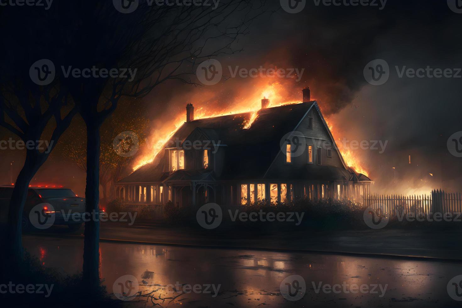 Residental building on fire accident in nighttime. Neural network generated art photo