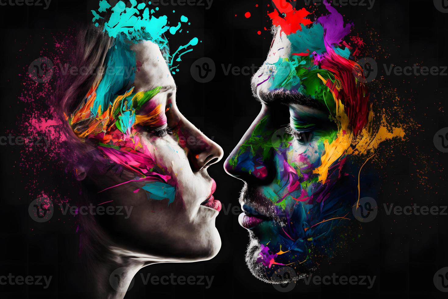 Young couple in love silhouette with watercolor paint splashes. Neural network generated art photo