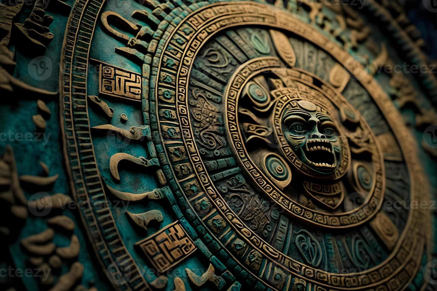 Close view of the ancient Aztec mayan calendar with round pattern and relief on stone surface. Neural network generated art photo