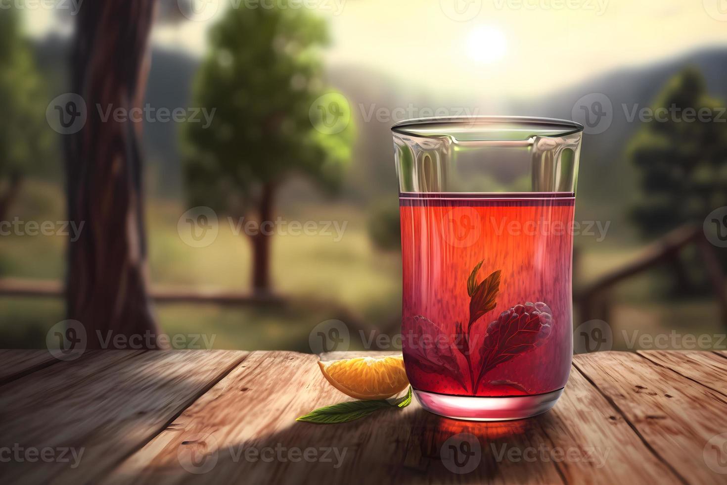 Glass of abstract fruit juice with fresh fruits on wooden table with summer field background. Neural network generated art photo
