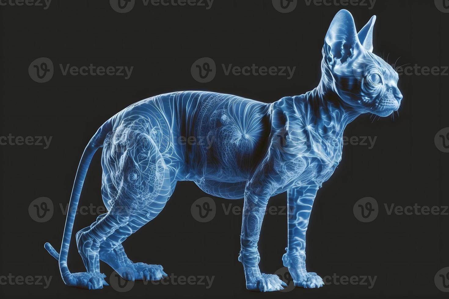 Beautiful Sphynx cat portrait in blue colors. Neural network generated art photo