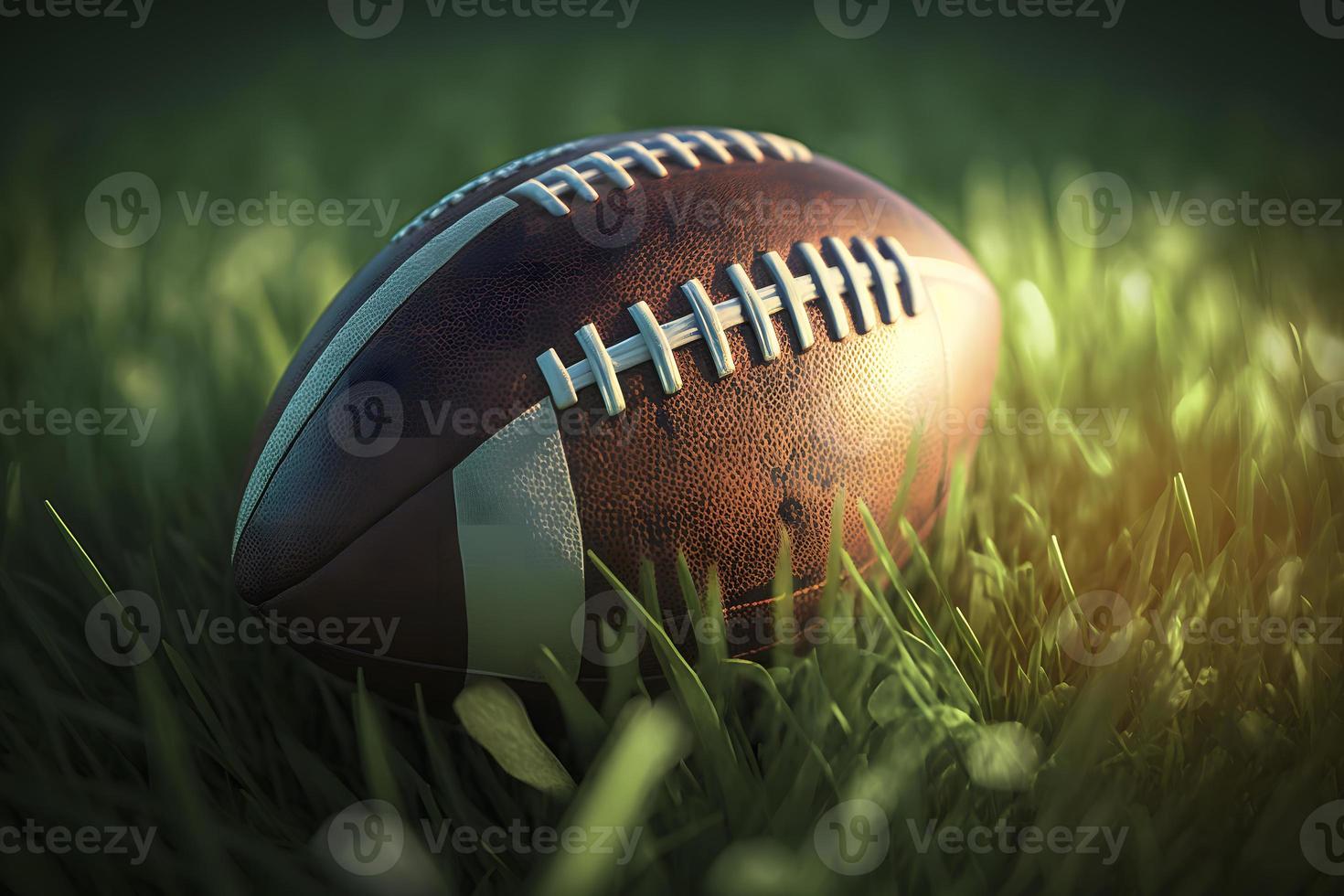 American football ball in the grass. Neural network generated art photo