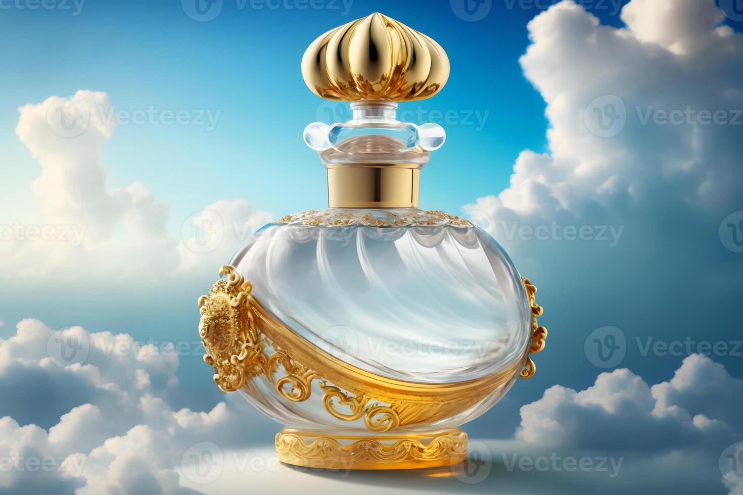 beautiful perfume bottle against the background of the sky and clouds. Neural network art photo