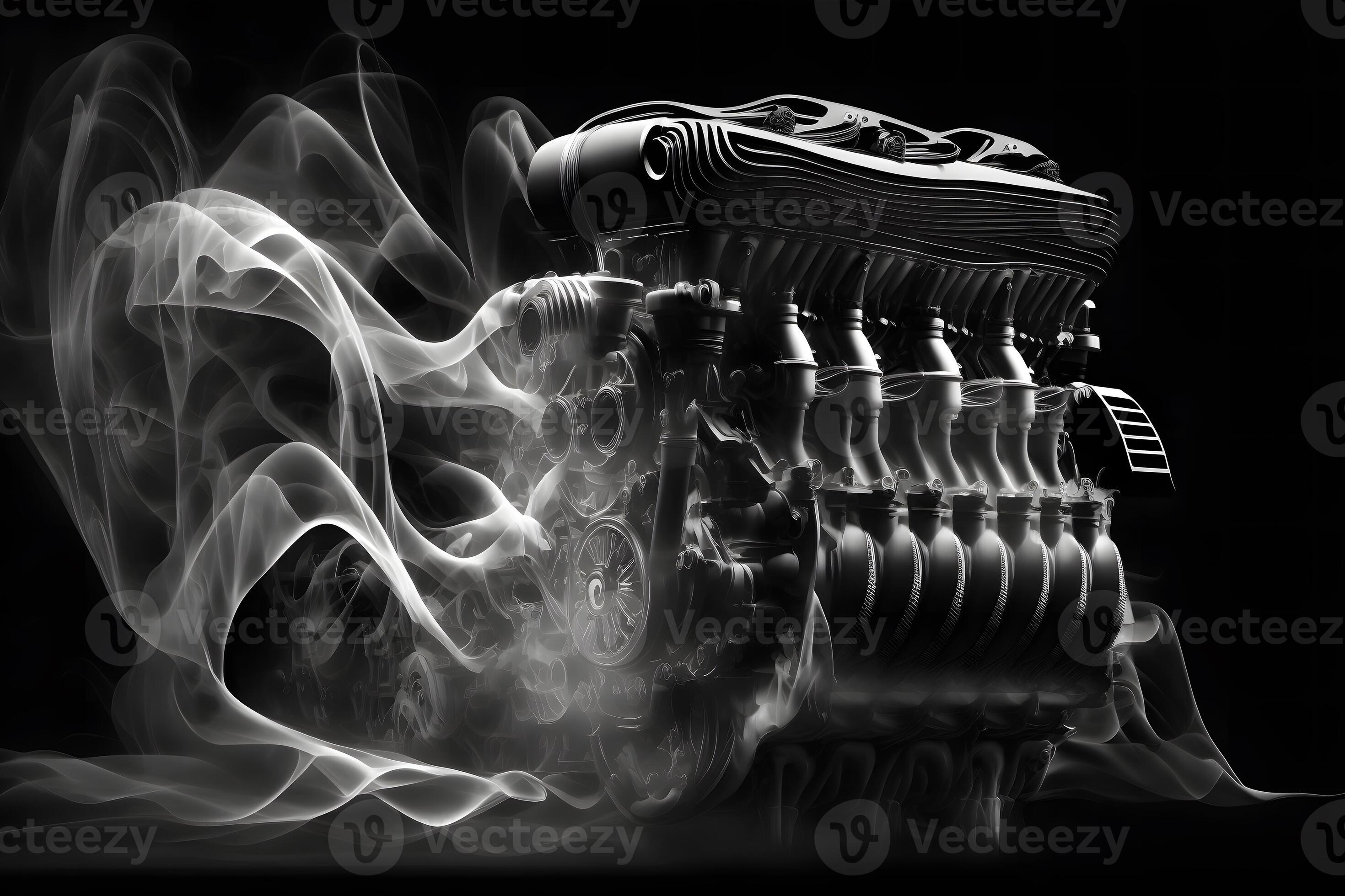 Modern car engine on deep solid black background. Neural network
