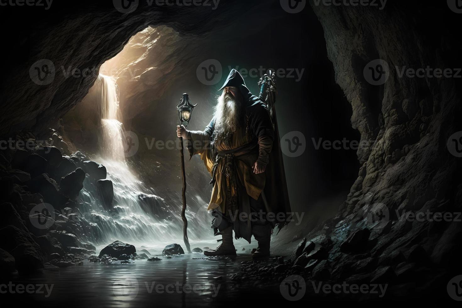 Warrior gnome in dark cave corridor with fantasy staff. Neural network generated art photo