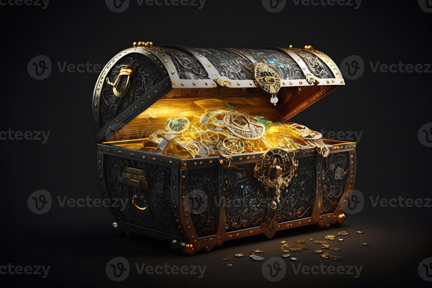 Open treasure chest filled with gold coins and expensive pirates loot on black background. Neural network generated art photo