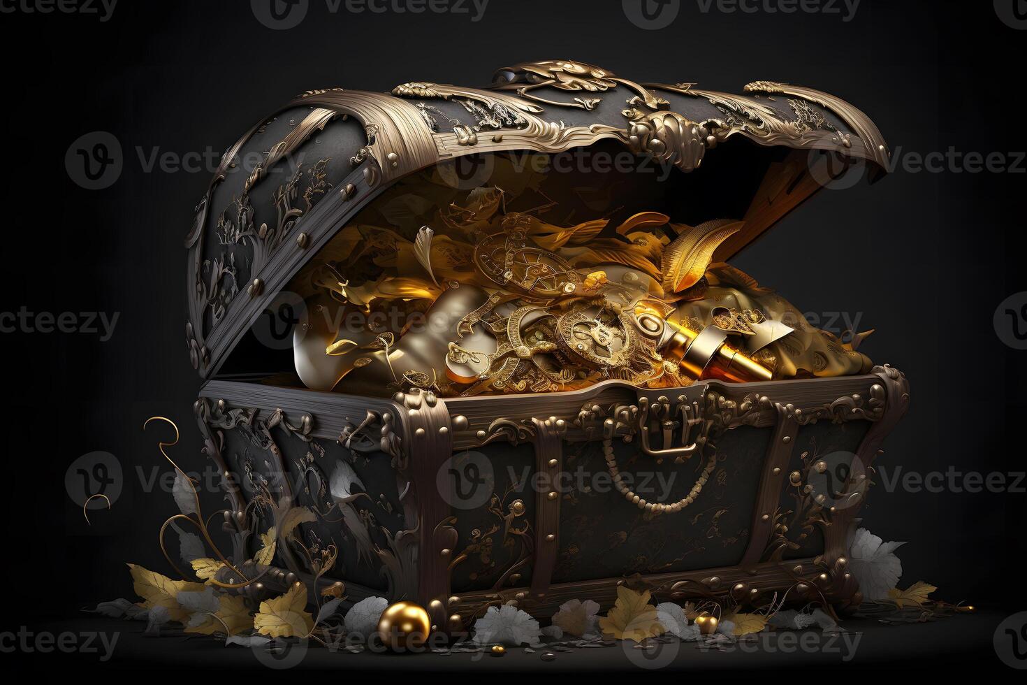 Open treasure chest filled with gold coins and expensive pirates loot on black background. Neural network generated art photo