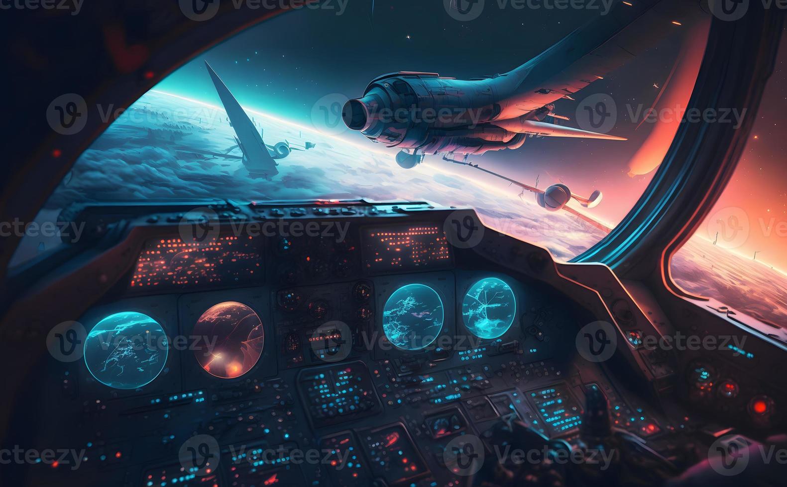 Airplane cockpit view during intergalaxy journey flight or spaceship battle. Neural network generated art photo