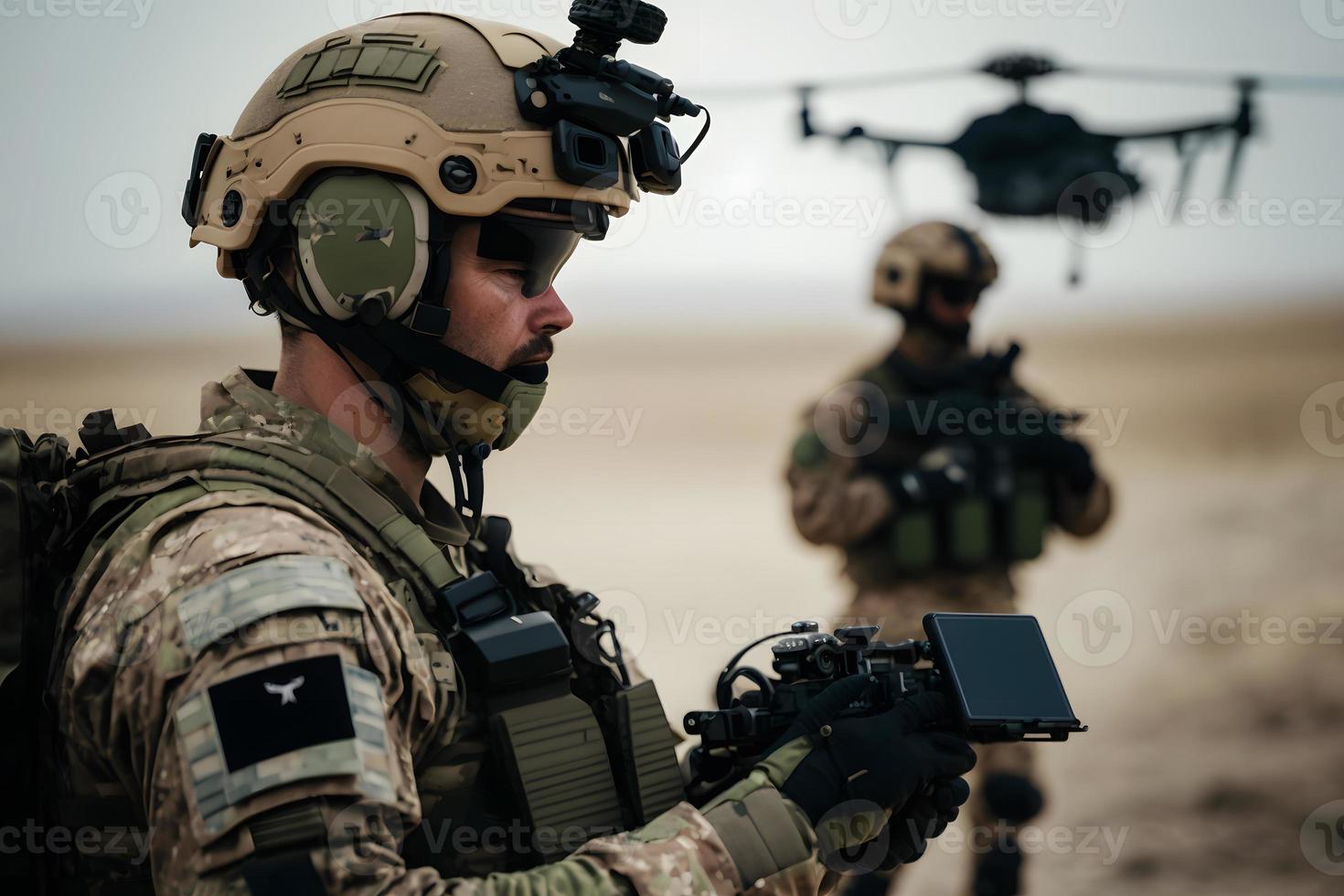 soldados son utilizando zumbido para exploración durante militar operación en el desierto. neural red generado Arte foto