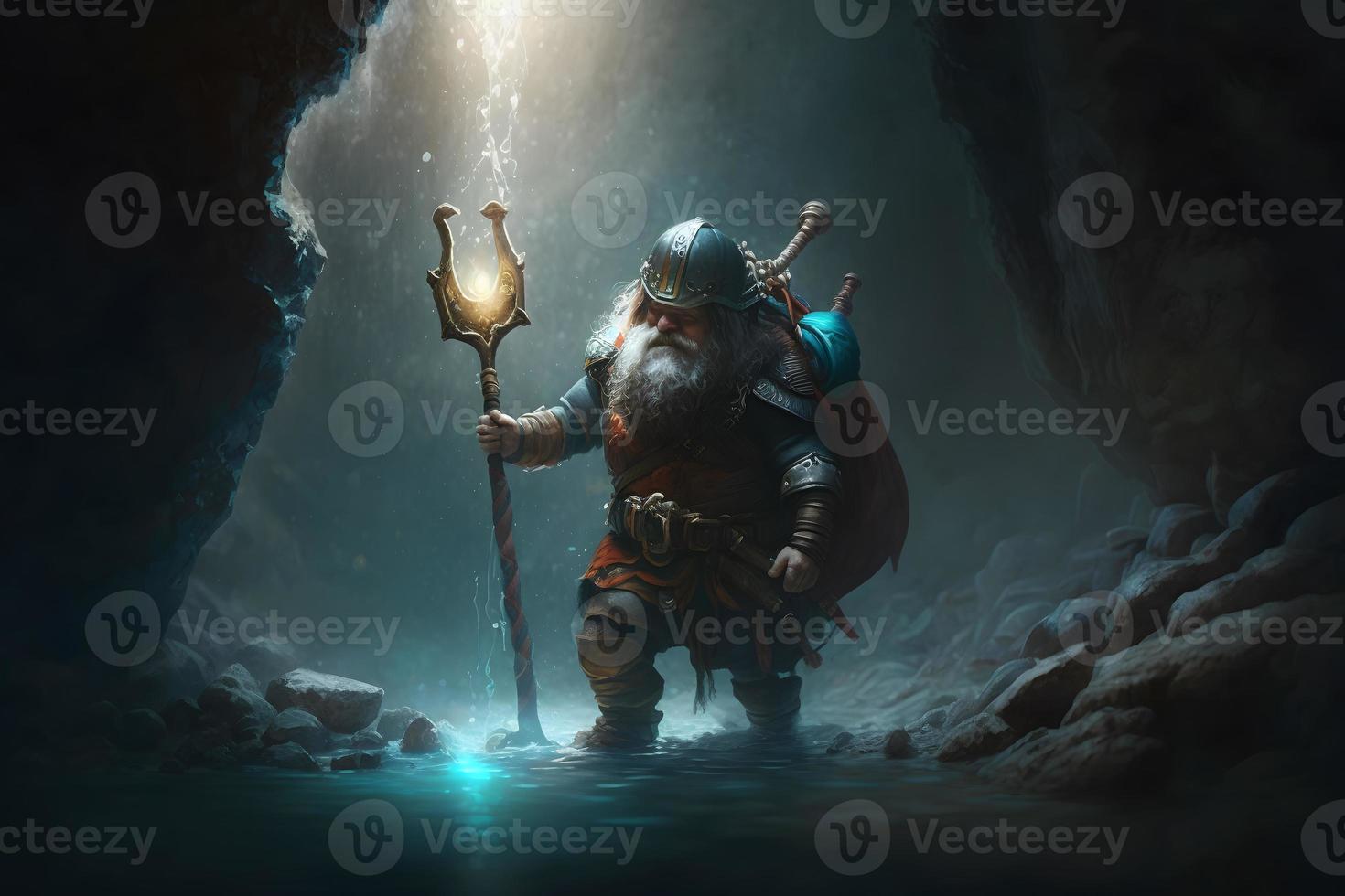 Warrior gnome in dark cave corridor with fantasy staff. Neural network generated art photo