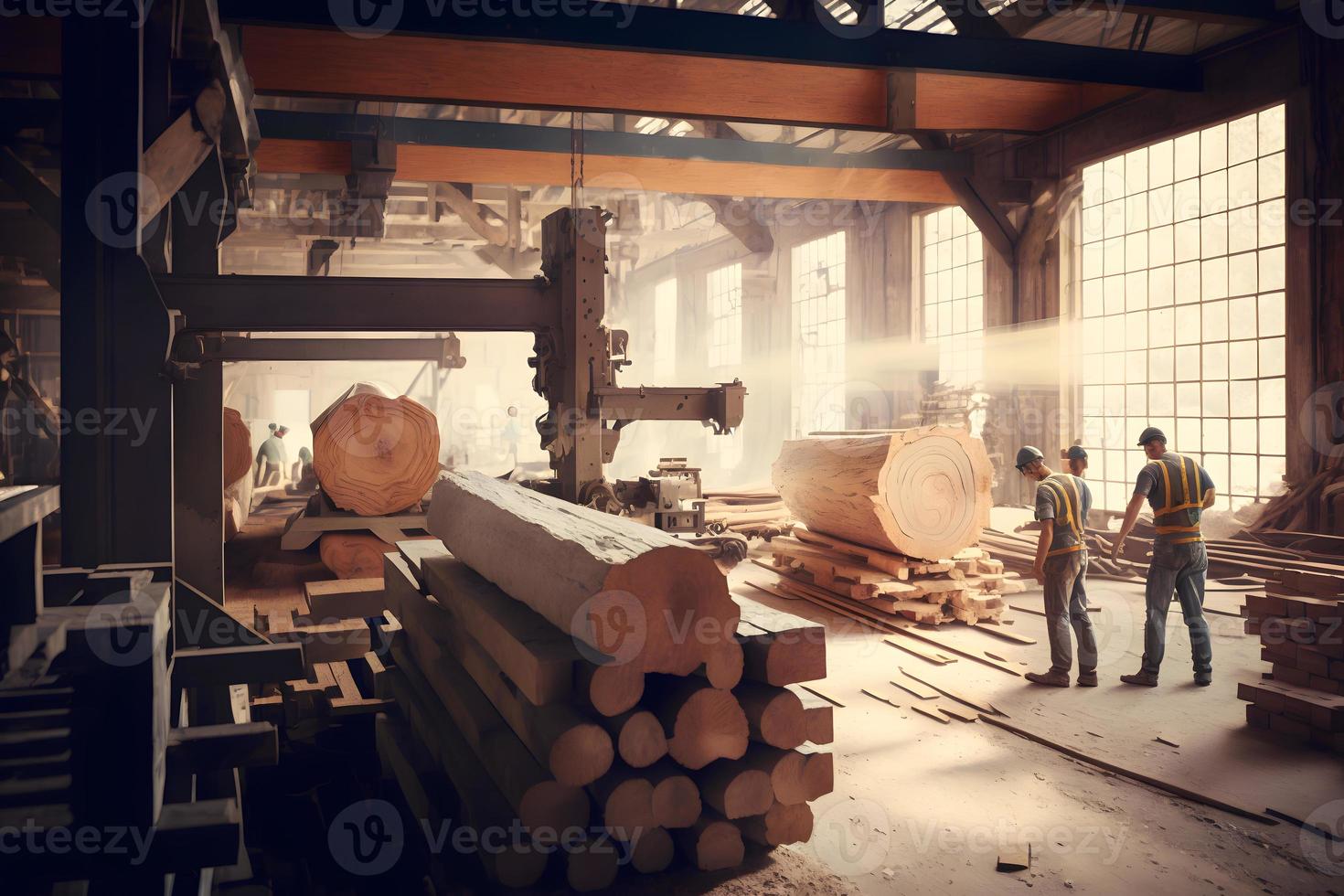 carpintería aserradero producción y Procesando de de madera tableros en un moderno industrial fábrica montaje línea en producción. neural red generado Arte foto