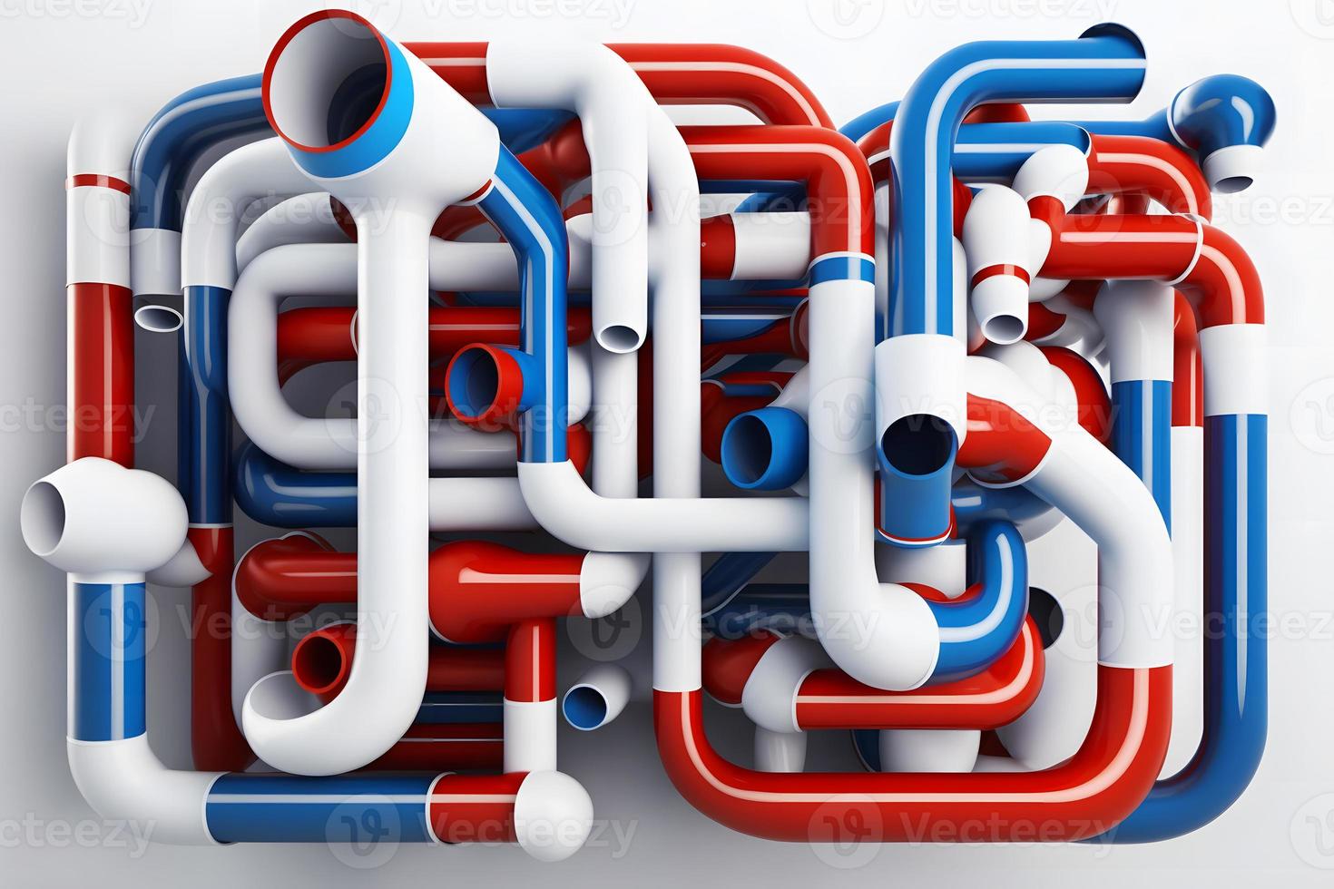 Abstract blue red and white pipes system on white background. Neural network generated art photo