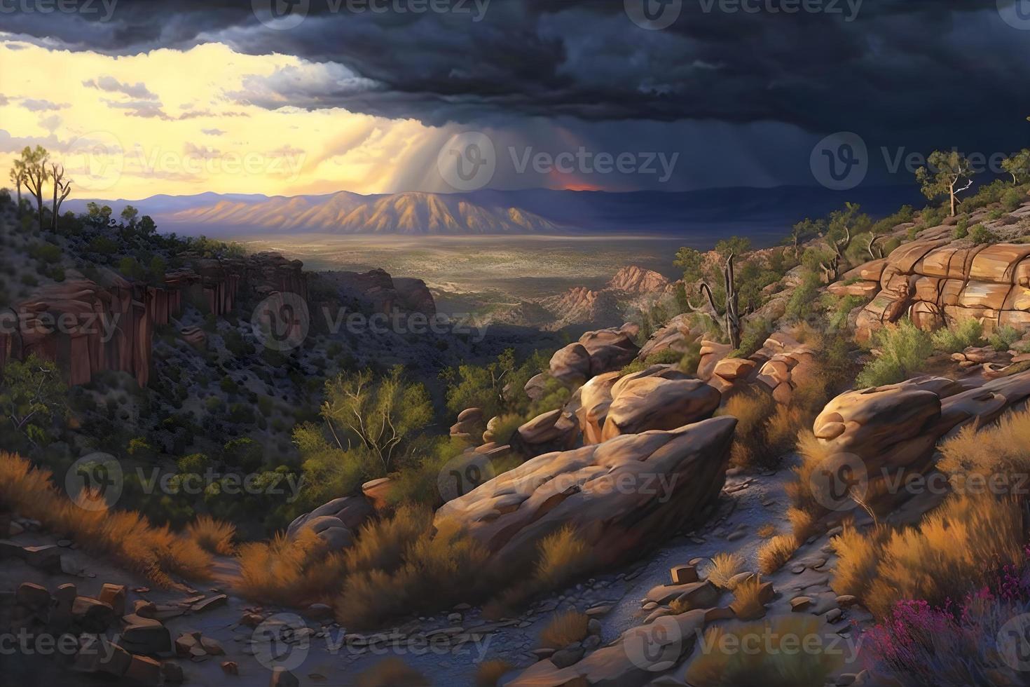 Red rock canyon desert in Nevada panoramic landscape at evening. Neural network generated art photo