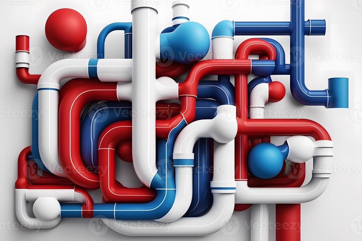 Abstract blue red and white pipes system on white background. Neural network generated art photo