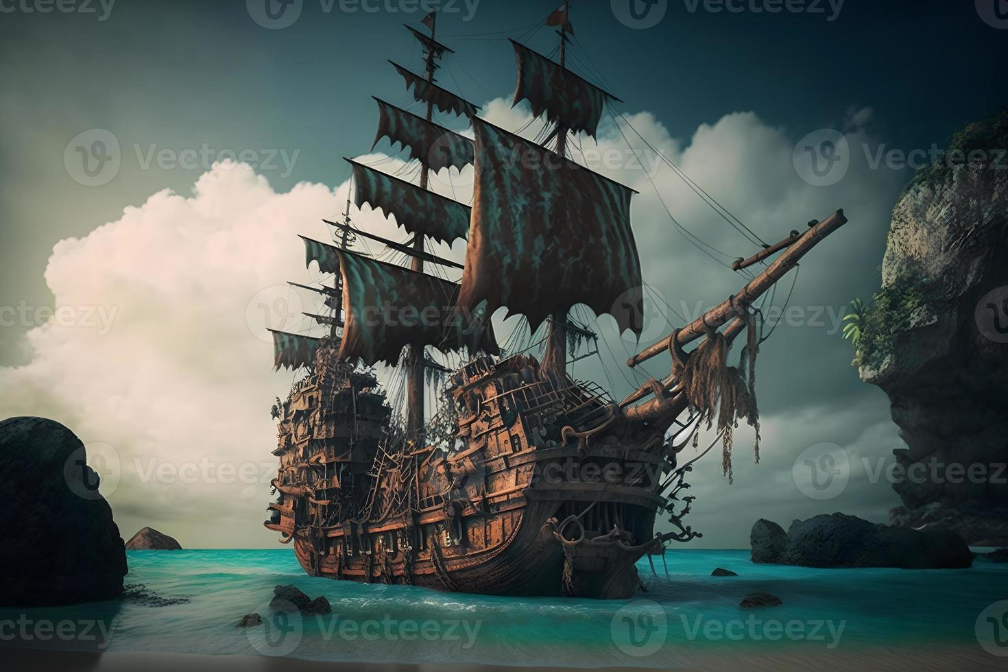 Pirate ship at the open sea close to rocks and small island with palms. Neural network generated art photo