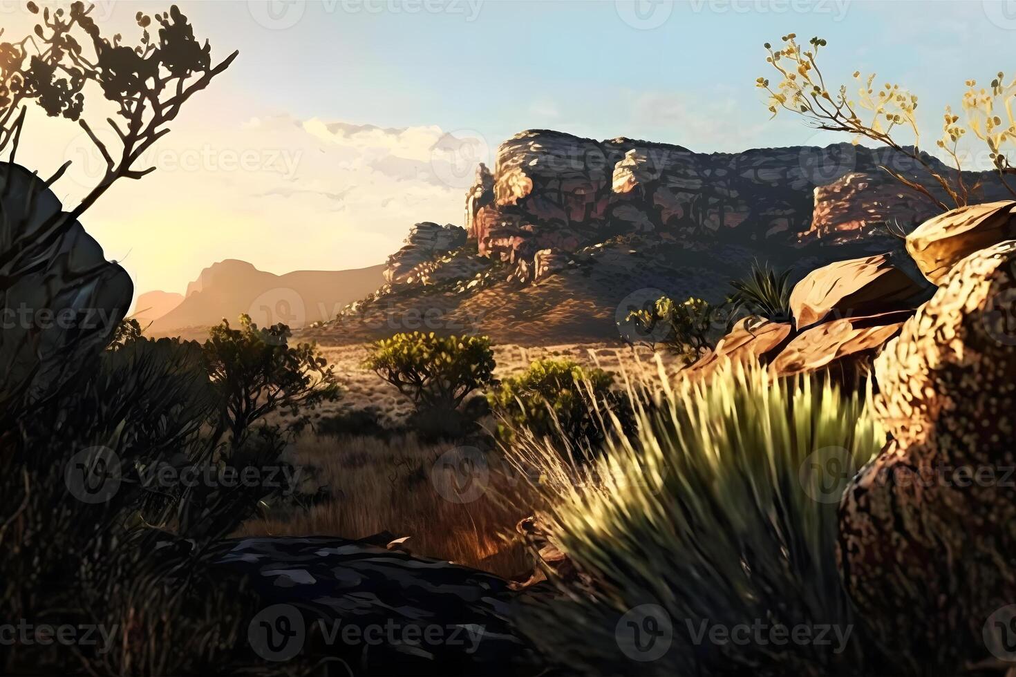 Red rock canyon desert in Nevada panoramic landscape at evening. Neural network generated art photo