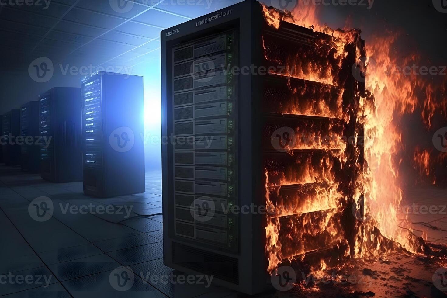 Disaster in server room or data center storage room on fire burning. Neural network generated art photo