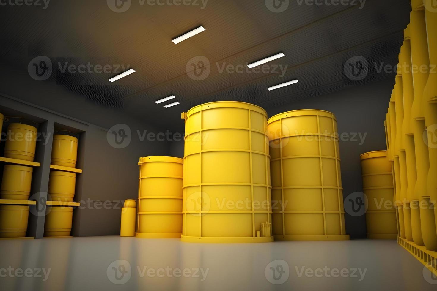 Radioactive waste in barrels, nuclear waste repository. Neural network generated art photo