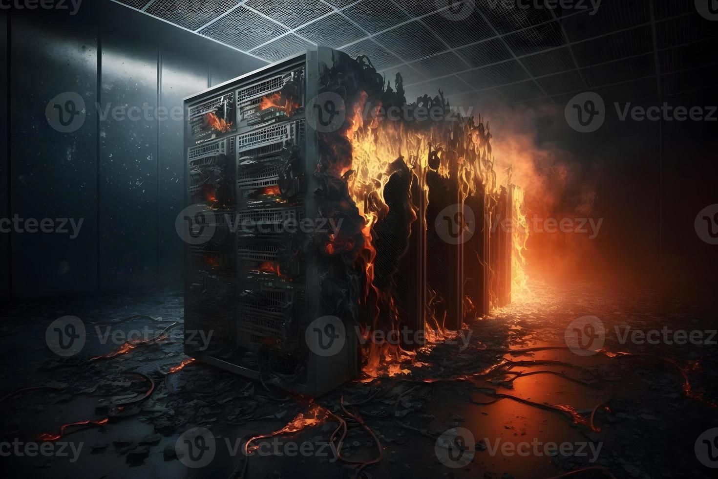 Disaster in server room or data center storage room on fire burning. Neural network generated art photo
