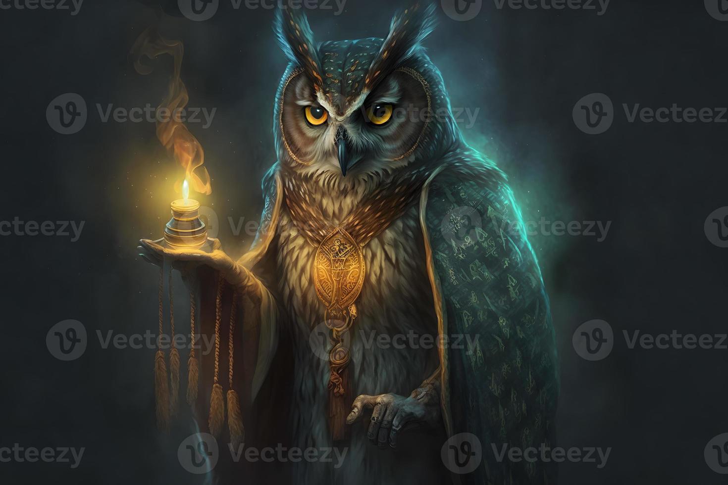 Mysterious sorceress owl. The background is a smoky forest in the fog. Neural network generated art photo