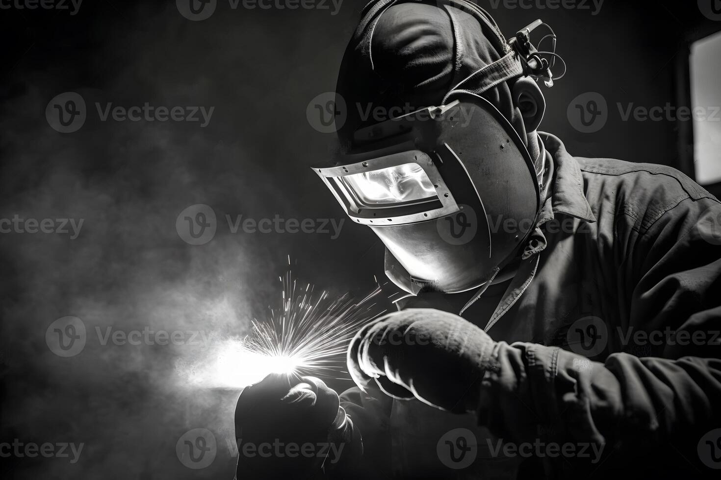 Welder works with Industrial automotive part in metal factory. Neural network generated art photo