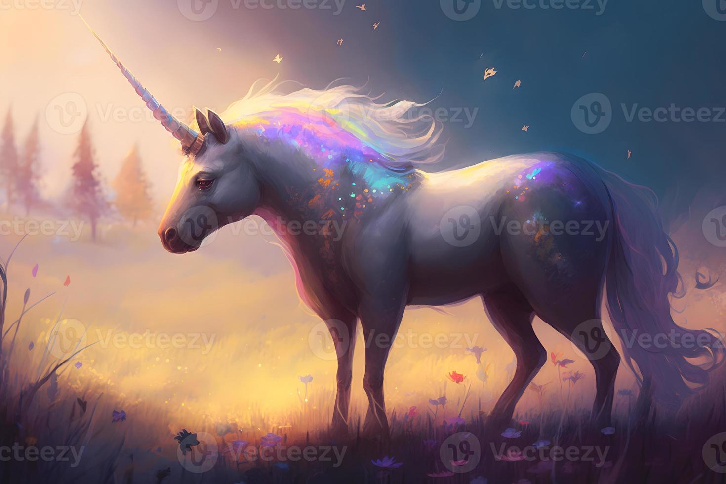 Magic unicorn in fantastic world with fluffy clouds and fairy meadows. Neural network generated art photo