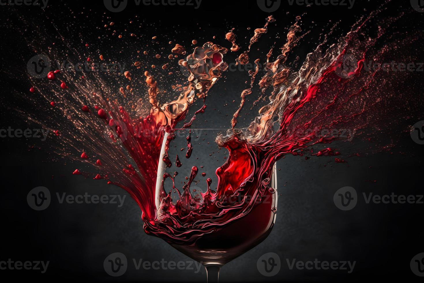 Glass with splash of red wine on black background. Neural network generated art photo