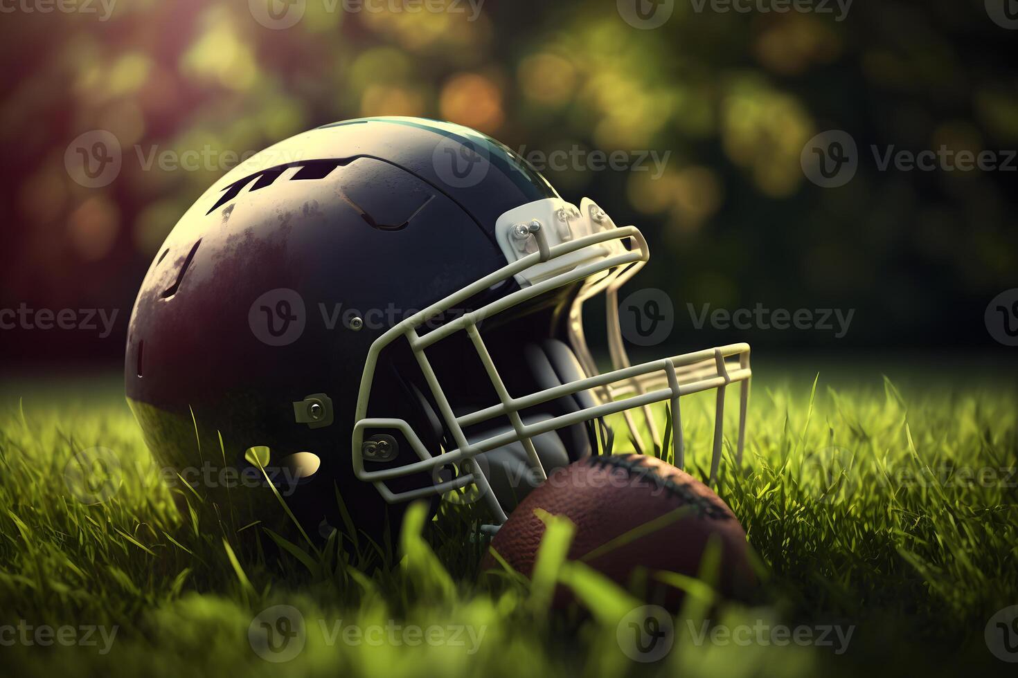 American football helmet on green grass. Neural network art photo