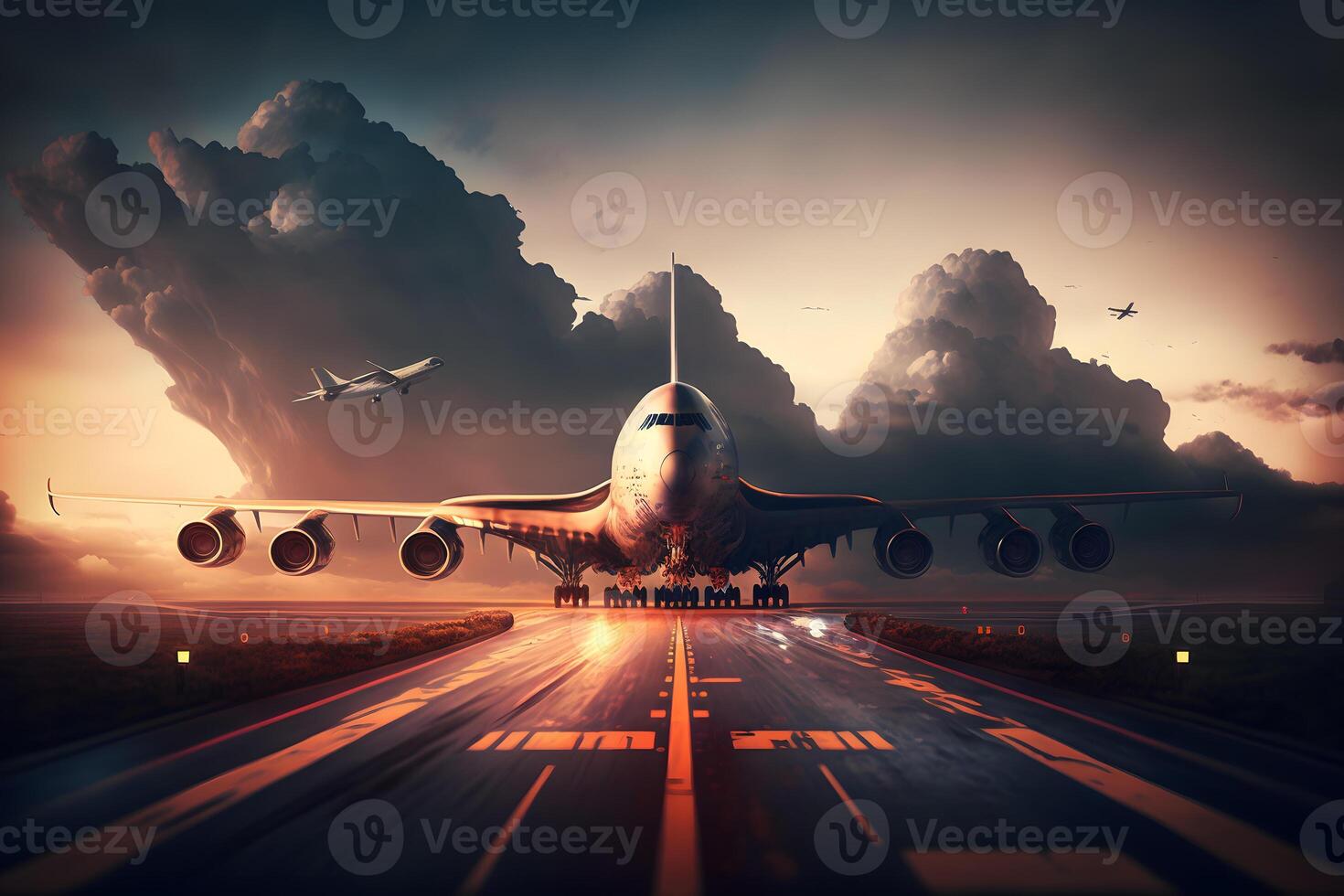 Sunset view of airplane on airport runway under dramatic sky. Neural network photo