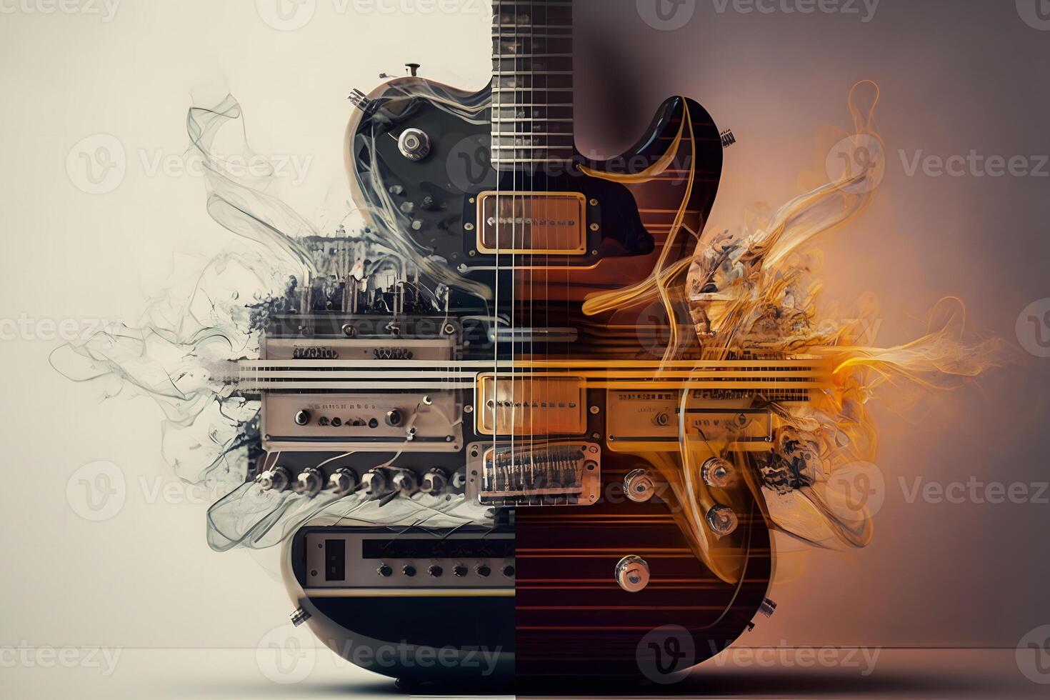 Close up of electric guitar details on double exposition musical background. Neural network photo