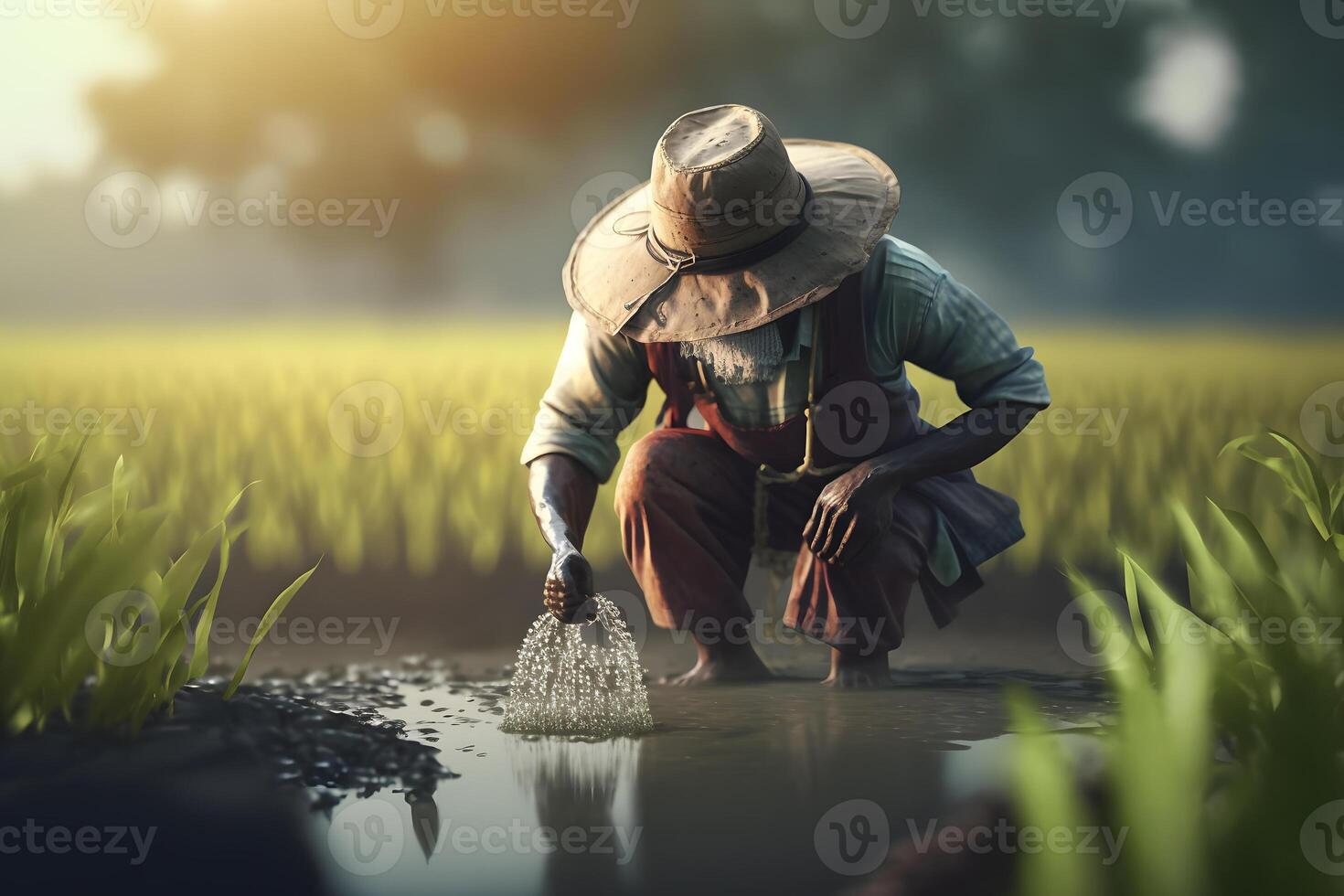 Farmer watering his plants. Neural network photo