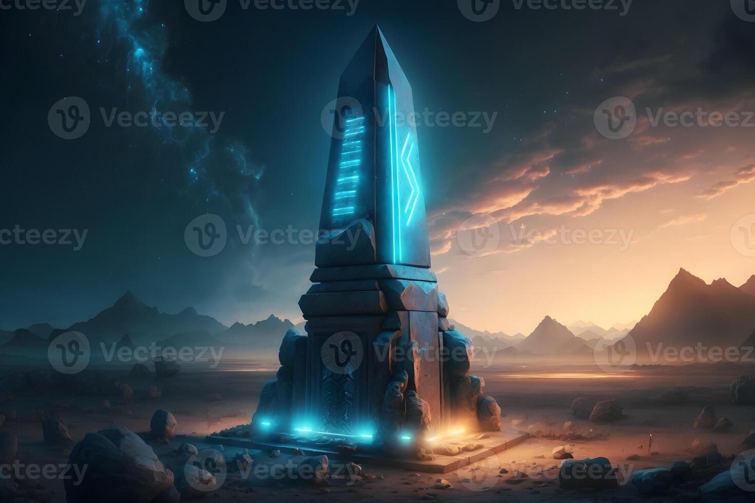 Futuristic fantasy ancient obelisk of fairytale civilization. Neural network photo